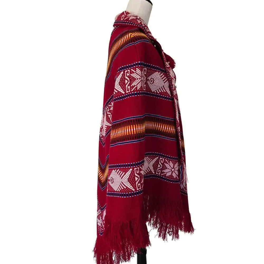 Handmade Otavalo Red Wool Poncho/Cape Made in Ecuador One Size Tribal Boho
